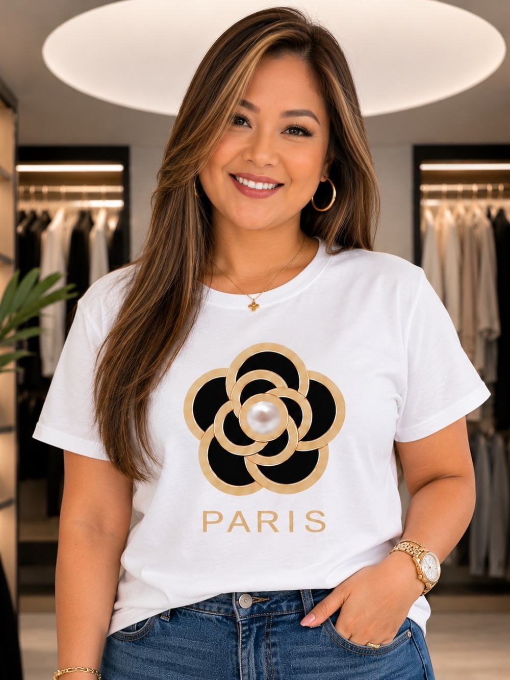 Paris Camellia White Graphic Tee - Women’s XL NWOT